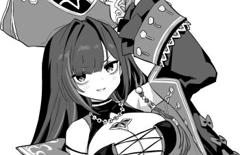 1girl adjusting_clothes adjusting_headwear arm_up azur_lane azur_lane:_slow_ahead bags_under_eyes breasts cleavage coat commentary_request greyscale grin hat hori_(hori_no_su) jewelry large_breasts looking_at_viewer monochrome multicolored_hair necklace parted_lips pirate pirate_hat queen_anne&#039;s_revenge_(azur_lane) simple_background smile solo streaked_hair upper_body white_background