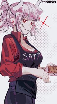 1girl apron black_apron black_pants blunt_bangs breasts bright_pupils chinese_commentary chocolate_syrup cleavage collared_shirt colored_eyelashes commentary_request cowboy_shot demon_girl demon_horns film_grain food grey_background halftone halftone_background helltaker high_ponytail highres hightguy holding holding_plate horns jitome long_sleeves looking_at_viewer lucifer_(helltaker) medium_breasts official_alternate_hairstyle pancake pants parted_lips plate ponytail red_eyes red_shirt shirt sidelocks sideways_glance simple_background smile solo sparkle standing white_hair white_horns white_pupils