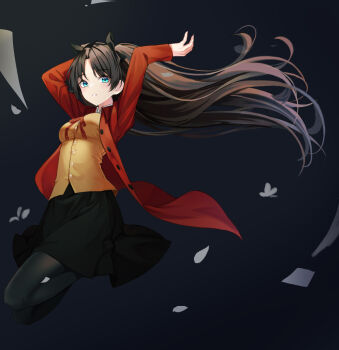 Rule 34 | 1girl, arms up, black hair, black pantyhose, black skirt, breasts, fate/stay night, fate (series), floating hair, hair ribbon, highres, homurabara academy school uniform, jacket, jumping, long hair, looking at viewer, medium breasts, myeongdo, pantyhose, parted lips, red jacket, ribbon, school uniform, skirt, solo, tohsaka rin, two side up, very long hair, vest, yellow vest