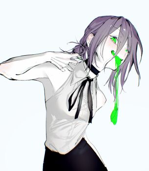 1girl black_choker black_ribbon black_shorts blood chainsaw_man choker colored_tongue green_blood green_eyes green_tongue grenade_pin grey_background hair_between_eyes hair_bun looking_at_viewer medium_hair nat._e_(pixiv_69681841) neck_ribbon purple_hair reze_(chainsaw_man) ribbon severed_tongue shirt shirt_tucked_in shorts simple_background sleeveless sleeveless_shirt solo tongue tongue_out white_shirt