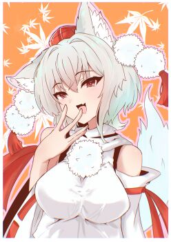 1girl absurdres animal_ear_fluff animal_ears autumn_leaves blue_sky_(user_zgac4337) breasts commentary detached_sleeves fang grey_hair half-closed_eyes hand_to_own_mouth hat highres inubashiri_momiji large_breasts laughing leaf orange_background outline pink_outline pom_pom_(clothes) red_eyes red_hat shirt short_hair skin_fang sleeveless sleeveless_shirt smirk solo tail tokin_hat touhou turtleneck turtleneck_shirt white_shirt white_sleeves wolf_ears wolf_girl wolf_tail