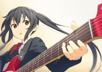 1girl black_hair brown_eyes chestnut_mouth dated electric_guitar errant fender_mustang gradient_background guitar highres instrument k-on! long_hair nakano_azusa sakuragaoka_high_school_uniform school_uniform solo twintails upper_body