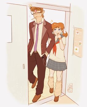 1boy 1girl black_pants blue_eyes brown_hair brown_shoes collared_shirt earrings facial_hair flower_earrings hand_in_pocket highres jacket jewelry leg_warmers locked_arms long_hair mario_(series) mustache neckerchief necktie nintendo onirizu pants pointy_ears princess_daisy purple_necktie red_neckerchief school_uniform shirt shoes signature skirt smile waluigi white_shirt