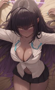 1girl 4mmmmu absurdres arm_above_head arms_up bed bed_sheet black_bra black_hair black_skirt blue_archive blue_nails blush bra bra_peek breasts buttons cleavage closed_mouth collarbone collared_shirt commentary_request dark-skinned_female dark_skin from_above gradient_hair hair_between_eyes halo highres karin_(blue_archive) karin_(school_uniform)_(blue_archive) large_breasts long_hair long_sleeves looking_at_viewer lying miniskirt multicolored_hair nail_polish navel official_alternate_costume on_back on_bed open_clothes open_shirt partially_unbuttoned pleated_skirt purple_hair purple_halo shirt sidelocks skirt solo sweatdrop thighs underwear untied_ribbon very_long_hair white_shirt yellow_eyes