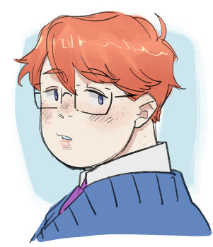 1boy blue_eyes blush design_speculation fat freckles glasses lips male_focus martin_blackwood necktie nostrils orange_hair parted_lips sframboob shiny_lips shirt short_hair simple_background sketch solo sweater tareme the_magnus_archives thick_eyebrows very_short_hair white_shirt