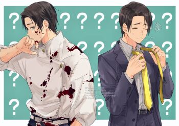 1boy ? artist_name black_hair black_pants blood blood_on_clothes blood_on_face blood_on_hands blue_eyes blue_jacket buttons closed_mouth commentary_request frown highres jacket jujutsu_kaisen jujutsu_tech_uniform male_focus necktie okkotsu_yuuta pants shirt short_hair simple_background solo sweatdrop tying_necktie user_ecye8454 watermark white_jacket white_shirt wiping_mouth yellow_necktie