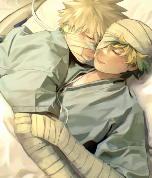 2boys bakugou_katsuki bandaged_arm bandaged_head bandages bed blonde_hair boku_no_hero_academia cheek-to-cheek closed_mouth cuddling dyn4bun freckles green_hair hashtag-only_commentary heads_together highres hospital_bed hospital_gown injury lying male_focus midoriya_izuku multiple_boys on_back on_side short_hair short_sleeves smile spiked_hair under_covers upper_body yaoi