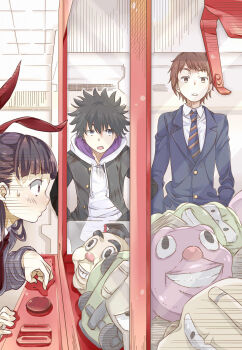 1girl 2233285121 2boys a_certain_high_school_uniform black_hair black_jacket blazer blue_eyes blue_jacket blue_necktie blunt_bangs blush brown_eyes brown_hair buttons collared_shirt colorized commentary_request crane_game hair_between_eyes highres hood hood_down hoodie jacket kamijou_touma kamisato_kakeru keshouin_asuka long_sleeves multiple_boys necktie novel_illustration official_art open_clothes open_jacket open_mouth partial_commentary red_ribbon ribbon school_uniform shirt spiked_hair striped_necktie stuffed_toy sweatdrop toaru_majutsu_no_index toaru_majutsu_no_index:_new_testament trembling upper_body white_hoodie white_shirt winter_uniform