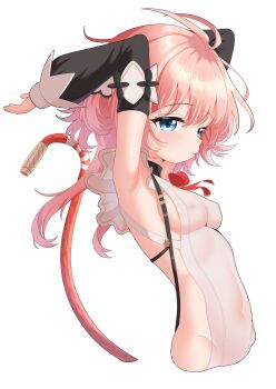 1girl absurdres alf_(silver_palace) arm_up armpits arms_behind_head arms_up artist_name artist_request blue_eyes blush breasts covered_erect_nipples female_focus highres leotard loli looking_at_viewer narrow_waist nipples pink_hair short_hair silver_palace slender small_breasts solo solo_focus tail