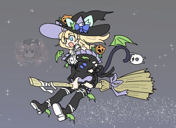 Rule 34 | abyssal ship, animal ear fluff, animal ears, atlanta (kancolle), black shorts, blonde hair, blue eyes, broom, broom riding, cat ears, cat tail, dress shirt, enemy lifebuoy (kancolle), frilled jacket, frilled thighhighs, frills, gambier bay (halloween) (kancolle), gambier bay (kancolle), garrison cap, halloween costume, hat, highres, jack-o'-lantern, jacket, kantai collection, long hair, octopus, shiki kyouzoku, shirt, shorts, tail, thighhighs, torn clothes, torn hat, twintails, witch hat