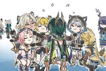 ! 6+girls animal_ears black_cat black_gloves brown_hair cat cat_ears cat_girl cat_tail cipher_(honkai:_star_rail) closed_eyes diona_(genshin_impact) dress feral_instincts genshin_impact gloves green_eyes green_hair grey_hair happy highres honkai:_star_rail honkai_(series) ju_fufu kirara_(genshin_impact) lauma_(genshin_impact) long_hair long_sleeves looking_at_another lynette_(genshin_impact) multiple_girls nefer_(genshin_impact) nekomata pantyhose petting pulchra_fellini purple_eyes short_hair simple_background sitting smile spoken_exclamation_mark standing tail white_background xilonen_(genshin_impact) xinzoruo zenless_zone_zero