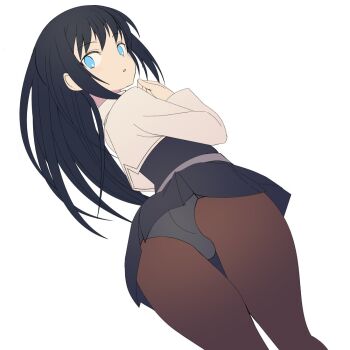 1girl asashio_(kancolle) asashio_kai_ni_(kancolle) ass belt black_hair black_pantyhose blue_eyes blue_panties blush commentary_request dress enoki_p kantai_collection long_hair long_sleeves looking_at_viewer looking_back neck_ribbon panties pantyhose pinafore_dress red_ribbon ribbon school_uniform shirt sleeveless sleeveless_dress solo underwear unfinished white_background white_shirt