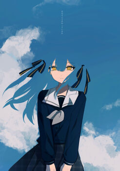 Rule 34 | 1girl, absurdres, bang dream!, bang dream! it's mygo!!!!!, blending, blue bow, blue hair, blue serafuku, blue shirt, blue skirt, blue sky, bow, closed mouth, cloud, complex ion, floating hair, grey neckerchief, hair bow, highres, light smile, long hair, long sleeves, looking at viewer, neckerchief, plaid clothes, plaid skirt, sailor collar, school uniform, serafuku, shirt, skirt, sky, solo, straight-on, togawa sakiko, translation request, tsukinomori school uniform, two side up, upper body, white sailor collar, wind, yellow eyes