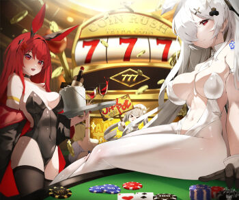 5girls animal_ears anis_(nikke) bare_shoulders black_jacket black_leotard black_thighhighs blanc_(fortune_express)_(nikke) blanc_(nikke) blonde_hair bottle breasts casino character_request check_character cinderella_(nikke) commentary covered_navel cup drinking_glass fake_animal_ears goddess_of_victory:_nikke highres jacket large_breasts leotard long_hair looking_at_viewer multiple_girls navel neon_(nikke) official_alternate_costume on_table playboy_bunny poker poker_chip poker_table rabbit_ears rapi_(nikke) rapi_(red_hood)_(nikke) red_eyes red_hair slot_machine smile sonaworld symbol-only_commentary table thighhighs thighs very_long_hair white_leotard white_thighhighs wine_bottle wine_glass