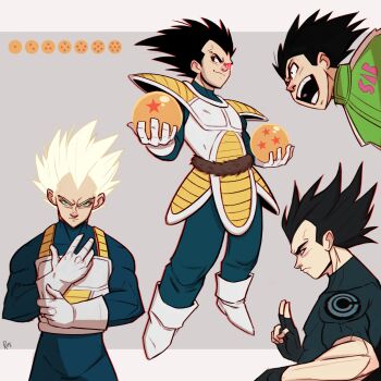 1boy absurdres adjusting_clothes adjusting_gloves aqua_eyes black_eyes black_hair blue_bodysuit bodysuit boots dragon_ball dragon_ball_(object) dragonball_z fingerless_gloves gloves green_jacket highres jacket light_smile medium_hair monkey_tail muscular muscular_male rominatempest saiyan_armor scouter short_sleeves shouting signature spiked_hair super_saiyan tail vegeta white_boots white_gloves