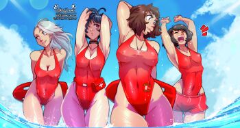 4girls absurdres artist_name baywatch black_hair blue_sky breasts brown_eyes brown_hair cleavage closed_eyes cloud commentary english_commentary grey_hair grin haysey highres kawakami_sadayo lifeguard long_hair medium_breasts multiple_girls niijima_sae ohya_ichiko one-piece_swimsuit open_mouth persona persona_5 red_one-piece_swimsuit red_shorts short_hair shorts sky small_breasts smile swimsuit takemi_tae twitter_username water