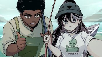 1boy 1girl ancient_aliens beard_stubble black_choker black_hair breasts brown_eyes choker closed_mouth commentary dark-skinned_male dark_skin double-parted_bangs english_commentary facial_hair fishing_rod green_overalls grey_eyes grey_streaks hair_between_eyes highres holding holding_fishing_rod jewelry large_breasts long_hair looking_at_viewer multicolored_hair o-ring o-ring_choker original overalls parted_lips ring ryuuxin sadie_(ryuuxin) selfie shirt short_hair short_sleeves smile streaked_hair stubble thumbs_up upper_body white_shirt