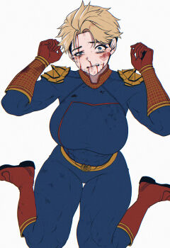abs blonde_hair blood blood_on_face blue_bodysuit blue_eyes bodysuit boots breasts bruise bruised_eye commentary_request crying crying_with_eyes_open dirty dirty_clothes frown genderswap genderswap_(mtf) gloves highres homelander injury korean_commentary large_breasts muscular muscular_female nosebleed open_mouth red_boots red_gloves ryona short_hair simple_background sitting solo spoiledmuffin tears teeth the_boys white_background