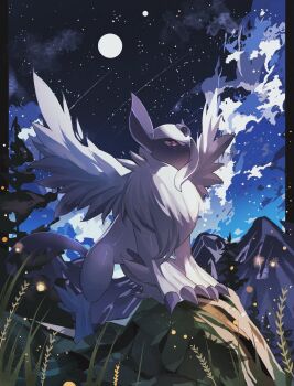 absol animal_focus asymmetrical_horns blue_horns body_fur claws commentary_request feathered_wings full_moon gen_3_pokemon grass hair_over_one_eye highres horns mega_absol mega_pokemon moon neck_fur night nintendo no_humans one_eye_covered pokemon pokemon_(creature) pokemon_focus red_eyes reo_(mmocc123) rock sky solo star_(sky) uneven_horns white_fur white_hair white_wings wings