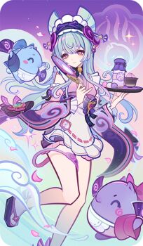 Rule 34 | 1girl, apron, aqua hair, bad source, black sandals, closed mouth, detached sleeves, falling petals, frilled hairband, frills, genshin impact, hairband, hand fan, hands up, holding, holding fan, japanese clothes, kimono, long sleeves, looking at viewer, maid, official art, petals, pink kimono, pointy ears, sandals, sleeveless, sleeveless kimono, smile, socks, solo, standing, standing on one leg, tabi, tail, tapir girl, tapir tail, wa maid, white apron, white socks, yumemizuki mizuki