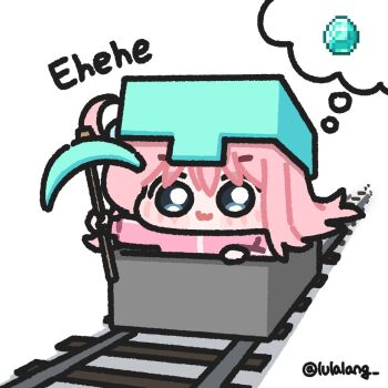 1girl :3 bocchi_the_rock! chibi diamond_(minecraft) gotoh_hitori helmet highres holding lulalang minecart minecraft minecraft_pickaxe pickaxe pink_hair railroad_tracks solo speech_bubble thought_bubble