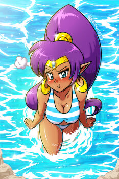 1girl angry beach bikini blue_eyes breasts cleavage dark-skinned_female dark_skin dated earrings gold_earrings gold_headwear highres hoop_earrings jewelry large_areolae linker long_hair medium_breasts multicolored_bikini pointy_ears ponytail pout purple_hair shantae shantae_(series) signature solo striped_bikini striped_clothes swimsuit tiara two-tone_bikini water wayforward