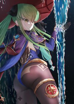 1girl absurdres ass black_background black_gloves black_pantyhose black_ribbon blue_cape blue_leotard blurry blush budgiepon c.c. cape code_geass commentary cosplay cowboy_shot crossed_bangs curvy depth_of_field eyelashes eyes_visible_through_hair floating_hair from_behind genshin_impact gloves green_hair hair_between_eyes hair_ribbon hands_up highres leotard light_particles long_hair long_sleeves looking_at_hand mona_(genshin_impact) mona_(genshin_impact)_(cosplay) nose pantyhose parted_lips ribbon sidelocks simple_background soaking_hands solo standing thigh_strap thighs twintails very_long_hair water yellow_eyes