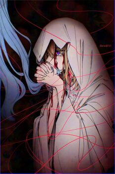 2girls bak_pep bang_dream! bang_dream!_it's_mygo!!!!! blood blood_on_face blood_on_hands commentary highres holding_another's_hair indoors long_hair misumi_uika multiple_girls own_hands_clasped own_hands_together purple_eyes string string_of_fate togawa_sakiko veil white_veil yuri