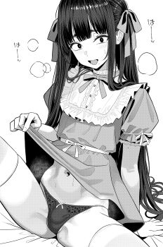 Rule 34 | 1boy, :d, absurdres, arm support, blush, bow, breath, bulge, clothes lift, crossdressing, crossdressing (mtf), dress, dress lift, greyscale, hair bow, heavy breathing, highres, lifting own clothes, long hair, looking at viewer, male focus, mole, mole on arm, mole on crotch, mole under eye, mole under mouth, monochrome, navel, open mouth, original, panties, puffy short sleeves, puffy sleeves, short sleeves, sitting, smile, solo, sweat, teeth, thighhighs, trap, turisasu, underwear, very long hair