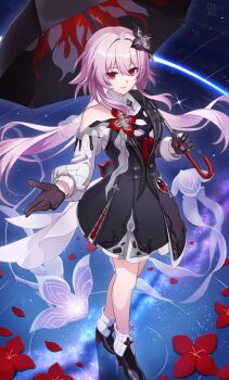 1girl black_dress black_gloves black_shoes black_umbrella closed_mouth dress evernight_(honkai:_star_rail) full_body gloves hair_between_eyes hair_ornament highres hobio holding holding_umbrella honkai:_star_rail honkai_(series) long_hair long_sleeves looking_at_viewer march_7th_(honkai:_star_rail) pink_hair red_eyes shoes single_bare_shoulder solo standing two-tone_dress umbrella very_long_hair watermark watermark_grid white_dress