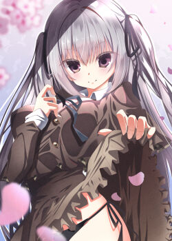 >:) 1girl absurdres black_panties black_ribbon blue_ribbon blurry blush breasts brown_jacket brown_skirt buttons cherry_blossoms closed_mouth clothes_lift collared_shirt colored_eyelashes commentary_request cowboy_shot depth_of_field eyelashes eyes_visible_through_hair falling_petals film_grain grey_hair hair_between_eyes hair_ribbon hands_up highres jacket large_breasts lifting_own_clothes long_hair long_sleeves looking_at_viewer nakamura_reika neck_ribbon panties petals purple_eyes ribbon sakura_no_uta school_uniform shirt side-tie_panties skirt skirt_lift smile solo split_mouth spring_(season) straight_hair sukonbu385 two_side_up underwear v-shaped_eyebrows very_long_hair watermark white_shirt