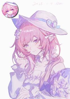 1girl absurdres chinese_commentary commentary_request cyrene_(honkai:_star_rail) cyrene_(ripples_of_past_reverie)_(honkai:_star_rail) dress hat highres honkai:_star_rail honkai_(series) long_hair looking_at_viewer multicolored_hair official_alternate_costume pink_hair pointy_ears purple_eyes reference_inset revision simple_background smile solo two-tone_hair upper_body white_background white_dress white_hair white_hat yibanluguojuanjuanzi