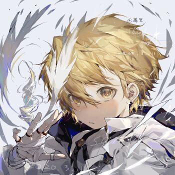 1boy bandaged_hand bandages blonde_hair chinese_commentary commentary_request commission dated english_text hand_up highres jacket jewelry long_sleeves male_focus multiple_rings original portrait ring shirt short_hair solo thank_you vihua6 watermark white_jacket white_shirt yellow_eyes