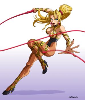 1girl artist_name bare_shoulders blonde_hair blue_eyes breasts cleavage earrings female_focus high_heels highres jewelry large_breasts leg_ribbon leotard lips lipstick long_hair makeup pantyhose ponytail revealing_clothes ribbon scrunchie sofia sofia_(toushinden) solo thigh_ribbon toushinden weapon whip zabzarock