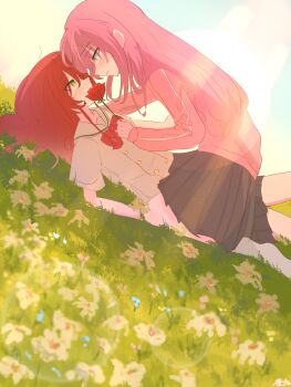 2girls absurdres black_skirt blue_eyes blush bocchi_the_rock! brown_shirt closed_mouth flower gotoh_hitori green_eyes hashtag-only_commentary highres holding holding_flower kita_ikuyo long_hair multiple_girls outdoors pink_hair pleated_skirt red_flower red_hair red_rose rose school_uniform serafuku shirt shuka_high_school_uniform skirt socks straddling white_flower white_socks y9_1229 yuri