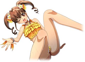 1girl akagi_benio antenna_hair arm_support artist_request bare_shoulders bead_bracelet bead_necklace beads bikini blush bracelet breasts brown_eyes brown_hair code_geass code_geass:_lost_stories collarbone cropped_legs drill_hair dutch_angle female_focus flower frilled_bikini frills game_cg hair_between_eyes hair_flower hair_ornament hand_up happy highres jewelry knees_up legs light_blush looking_at_viewer matching_hair/eyes medium_hair necklace non-web_source official_art one_eye_closed open_mouth orange_bikini polka_dot polka_dot_bikini raised_eyebrows shiny_skin sidelocks simple_background sitting small_breasts smile solo spread_fingers swimsuit thighs transparent_background twin_drills twintails wet white_flower wink