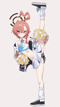 1girl ahoge bare_shoulders black_shoes blue_archive braid cheerleader flat_chest flexible full_body heart heart_ahoge highres holding holding_own_leg holding_pom_poms huge_ahoge jacket kamiyamatokino kneehighs leg_lift looking_at_viewer midriff millennium_cheerleader_outfit_(blue_archive) miniskirt mole mole_under_eye navel neru_(blue_archive) open_clothes open_jacket orange_hair pleated_skirt pom_pom_(cheerleading) pom_poms red_eyes shoes short_hair single_braid skirt socks solo split standing standing_on_one_leg standing_split sukajan white_skirt white_socks