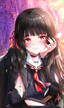 Rule 34 | 1girl, absurdres, arm cutout, black choker, black hair, black jacket, black shirt, blush, breasts, bright pupils, chisa (wuthering waves), choker, closed mouth, clothing cutout, commentary, hair ribbon, highres, jacket, long hair, long sleeves, looking at viewer, medium breasts, mole, mole under eye, neckerchief, red eyes, red neckerchief, red ribbon, ribbon, sailor collar, shirt, smile, solo, tacet mark (wuthering waves), white pupils, white sailor collar, wuthering waves, zrhnzm