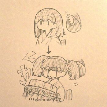 2girls absurdres arrow_(symbol) blunt_bangs brown_background bucket chibi closed_mouth commentary_request disembodied_hand grabbing_another&#039;s_hair hair_down highres holding holding_another&#039;s_hair holding_bucket japanese_clothes kimono kisume kurodani_yamame long_sleeves menotama monochrome motion_lines multiple_girls multiple_views obi open_mouth puffy_long_sleeves puffy_sleeves sash screaming shaded_face simple_background sketch solid_circle_eyes solo_focus touhou twitter_username white_kimono