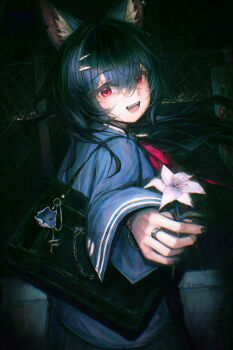 1girl absurdres animal_ear_fluff animal_ears bag bag_charm black_nails bracelet chain-link_fence charm_(object) chinese_commentary commentary_request drawer_bushi_huajia fence flower hair_between_eyes hair_ornament hairclip highres holding holding_flower jewelry lily_(flower) long_hair looking_at_viewer nail_polish neckerchief night no_symbol open_mouth original red_eyes red_neckerchief ring shoulder_bag solo upper_body white_flower