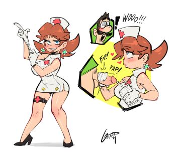 1boy 1girl adjusting_clothes adjusting_gloves blush cup eye_contact gerph gloves handjob hat heart heart-shaped_pupils hetero high_heels highres holding holding_cup latex latex_gloves looking_at_another looking_up luigi mario_(series) netorare nintendo nurse nurse_cap penis_milking princess_daisy symbol-shaped_pupils thighs uncensored