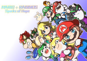 2022 3girls 6+boys ^_^ absurdres animal_ears armlet asymmetrical_bangs asymmetrical_hair beep-0 black_eyes black_footwear black_gloves black_hair black_jacket black_shorts blonde_hair blue_background blue_dress blue_eyes blue_gemstone blue_overalls bowser brooch brown_hair buttons newsboy_cap cellphone charisuke charm_(object) chibi clenched_teeth closed_eyes closed_mouth collar collared_dress collared_shirt colored_tips commentary_request copyright_name crossed_arms crown dress dutch_angle earrings edge_(mario_+_rabbids) elbow_gloves everyone eyelashes eyeshadow facial_hair fingerless_gloves floating_earrings frilled_collar frills frown gem gloves gold_earrings gold_headwear gradient_background green_hair green_shirt grey_headwear hair_over_one_eye half-closed_eyes hand_on_own_chin hand_on_own_face hand_on_own_hip hands_in_pockets hat highres holding holding_phone horns jacket jewelry light_blush long_bangs long_hair long_sleeves luigi makeup mario mario_(series) mario_+_rabbids_sparks_of_hope mascara mini_crown mouth_hold multicolored_hair multiple_boys multiple_girls mustache nintendo october open_clothes open_jacket orange_hair overalls phone pink_dress princess princess_peach puffy_sleeves purple_eyeshadow purple_shirt rabbid rabbid_luigi rabbid_luma rabbid_mario rabbid_peach rabbid_rosalina rabbit_ears raving_rabbids rayman rayman_(series) red_hair red_headwear red_shirt sharp_teeth shirt shoes short_hair shorts sideways_hat smartphone smile smirk sparkle sphere_earrings spiked_armlet spiked_hair spiked_shell stalk_in_mouth star_(symbol) star_brooch star_earrings teeth thick_eyebrows v-shaped_eyes white_background white_gloves white_horns zipper