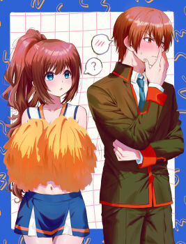 &gt;:( 1boy 1girl :o ? a-chan_(little_busters!) absurdres alternate_costume alternate_hairstyle bare_shoulders black_jacket black_pants blue_border blue_eyes blue_necktie blue_skirt blush border brown_hair cheerleader clueless collarbone collared_shirt commentary_request cowboy_shot embarrassed eyelashes flustered hair_between_eyes hand_on_own_face hand_up hetero highres holding holding_pom_poms jacket little_busters! little_busters!_school_uniform long_hair long_sleeves looking_afar looking_at_another miiizuno_lbs miniskirt natsume_kyousuke navel necktie nose_blush open_mouth outside_border pants pom_pom_(cheerleading) pom_poms ponytail red_eyes school_uniform shirt short_hair simple_background skirt speech_bubble spoken_blush spoken_question_mark sweatdrop tareme tsurime v-shaped_eyebrows very_long_hair wavy_hair white_background white_shirt
