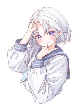 Rule 34 | 1girl, ayatsuno yuni, blue nails, blush, closed mouth, commentary request, cropped torso, curtained hair, fingernails, grey hair, hands up, highres, index fingers raised, long fingernails, long sleeves, looking at viewer, nail polish, purple eyes, purple sailor collar, sailor collar, sailor shirt, school uniform, shirt, short hair, simple background, smile, solo, star-shaped pupils, star (symbol), stellive, symbol-shaped pupils, umingkong, virtual youtuber, white background, white shirt