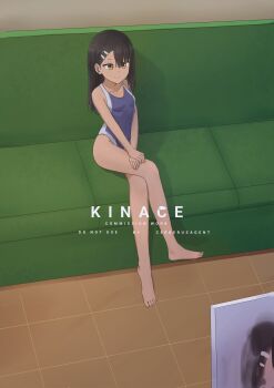 1girl artist_name asymmetrical_hair black_hair breasts canvas_(object) competition_swimsuit couch crossed_legs earclip hair_ornament hairclip highres ijiranaide_nagatoro-san kinace9 long_hair nagatoro_hayase one-piece_swimsuit orange_eyes school_swimsuit sitting small_breasts swimsuit tan