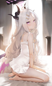 1girl absurdres ahoge black_halo black_horns blue_archive breasts commentary_request demon_girl demon_horns demon_wings halo highres hina_(blue_archive) horns indoors long_hair looking_at_viewer low_wings multiple_horns nekoya_(liu) on_bed parted_bangs purple_eyes purple_halo purple_wings sleepwear small_breasts solo white_hair wings