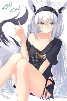 Rule 34 | 1girl, ahoge, animal ear fluff, animal ear piercing, animal ears, aqua eyes, between legs, black hairband, black shirt, blush, breasts, commentary request, fox ears, fox girl, fox shadow puppet, fox tail, hairband, hand between legs, highres, hololive, long hair, looking at viewer, medium breasts, nishiki yuno, pentagram, shirakami fubuki, shirt, simple background, sitting, solo, tail, very long hair, virtual youtuber, white background, white hair