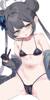 1girl absurdres amano_hagoromo bikini black_bikini black_gloves black_hair blue_archive breasts butterfly_hair_ornament cameltoe double_bun gloves hair_bun hair_ornament halo highres kisaki_(blue_archive) loli long_hair navel small_breasts solo swimsuit twintails v