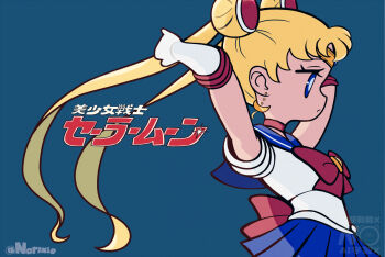 1girl bishoujo_senshi_sailor_moon blonde_hair blue_eyes blue_sailor_collar bow choker copyright_name crescent crescent_earrings double_bun earrings elbow_gloves gloves hair_bun hair_ornament jewelry long_hair magical_girl norixio red_bow red_choker sailor_collar sailor_moon sailor_senshi_uniform skirt solo transformation_brooch_(sailor_moon) tsukino_usagi twintails twitter_username white_gloves