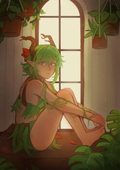 1girl absurdres bad_link dryad_(terraria) flower full_body green_hair hair_flower hair_ornament hair_vines hanging_plant highres latti_tudes monstera_deliciosa plant plant_horns pointy_ears purple_eyes sitting solo terraria vines window
